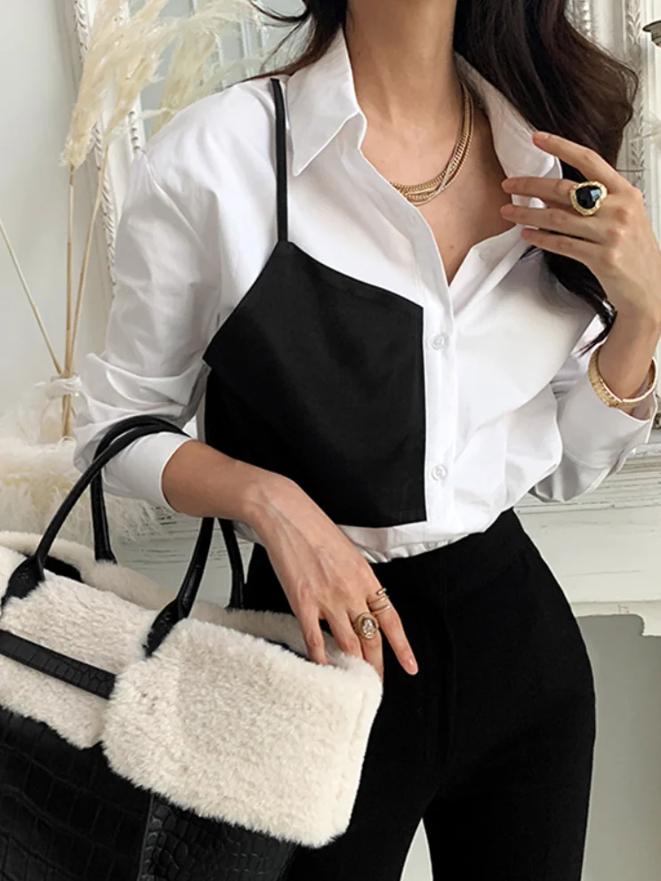 

Корейская асимметричная блузка с длинным рукавом в стиле колор-блок для женщин: весенняя модная сенсация, изысканный дизайн, эффект двухслойности