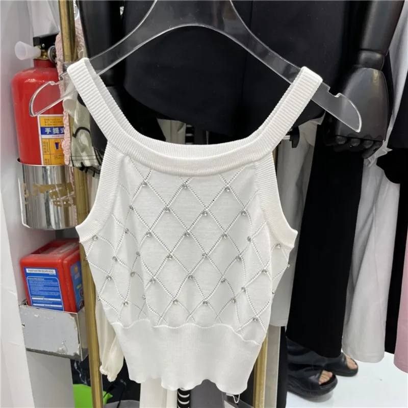 2024 New Summer Women\'s Clothing Crop Top Rhinestone Eyelet Spaghetti Top Casual Crew Neck Sleeveless Knitted Cami Top