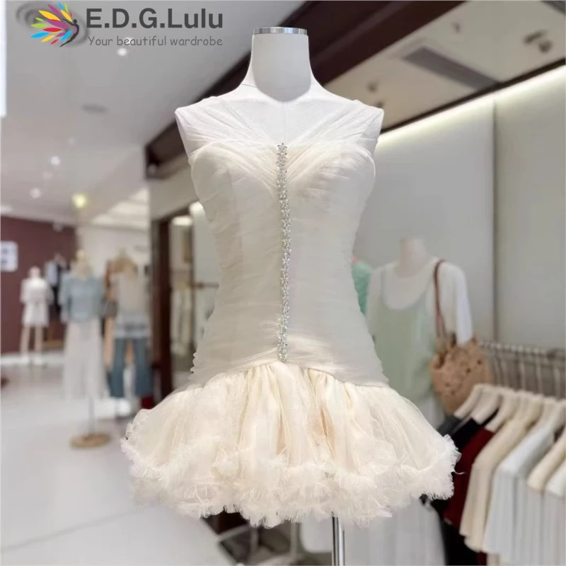 EDGLuLu Design Strapless Single Breasted Patchwork Mesh Party Dress Woman Sweet High Waisted Folds Mini Ball Gown 0327