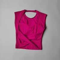 Yoga à manches courtes femmes coussin de poitrine fixe course Gym Sexy dos nu court entraînement sport T-shirt taille minceur Fitness gilet 6