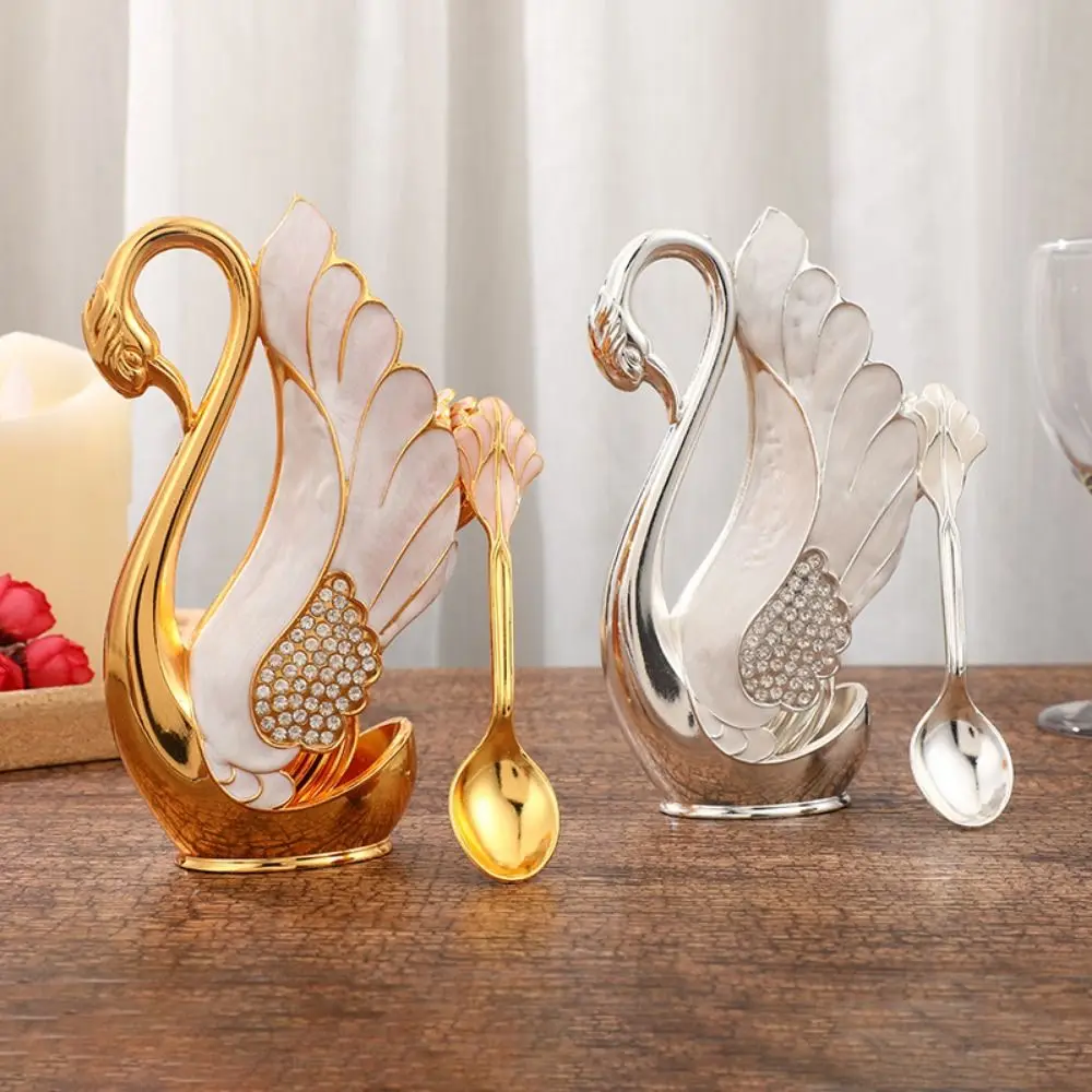 6Pcs Swan Shape Base Holder Coffee Spoon Set Elegant Decorative Small Dessert Spoon Kit Widely Use Rhinestone-encrusted