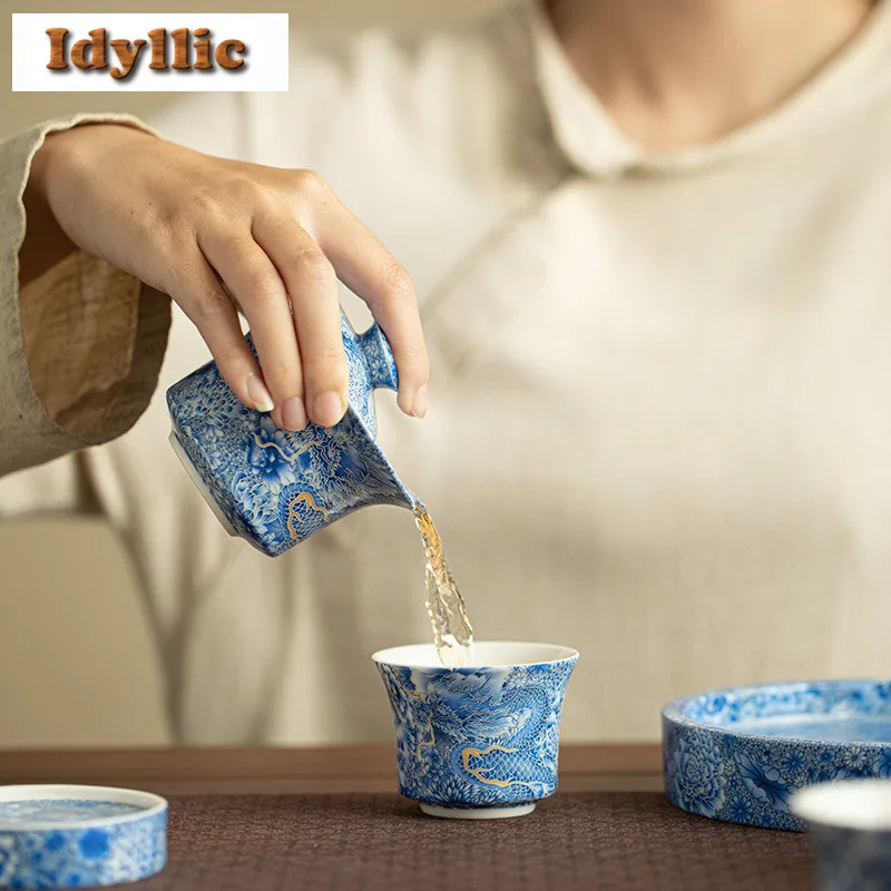 Blue And White Hovering Gaiwan Tea Set Complete Set Vintage Tea Ceremony Set Teapot And Tea Cup Set Tea Services Decoration
