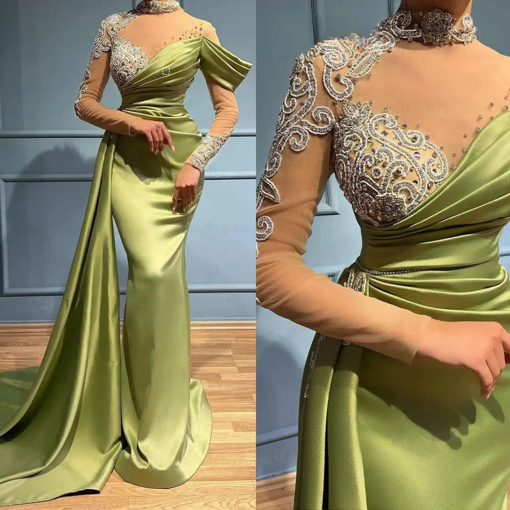 Sexy Green Mermaid Satin Evening Dresses Women Naked Neck Beaded See Through Long Sleeves Prom Gowns with Side Train Second Robe