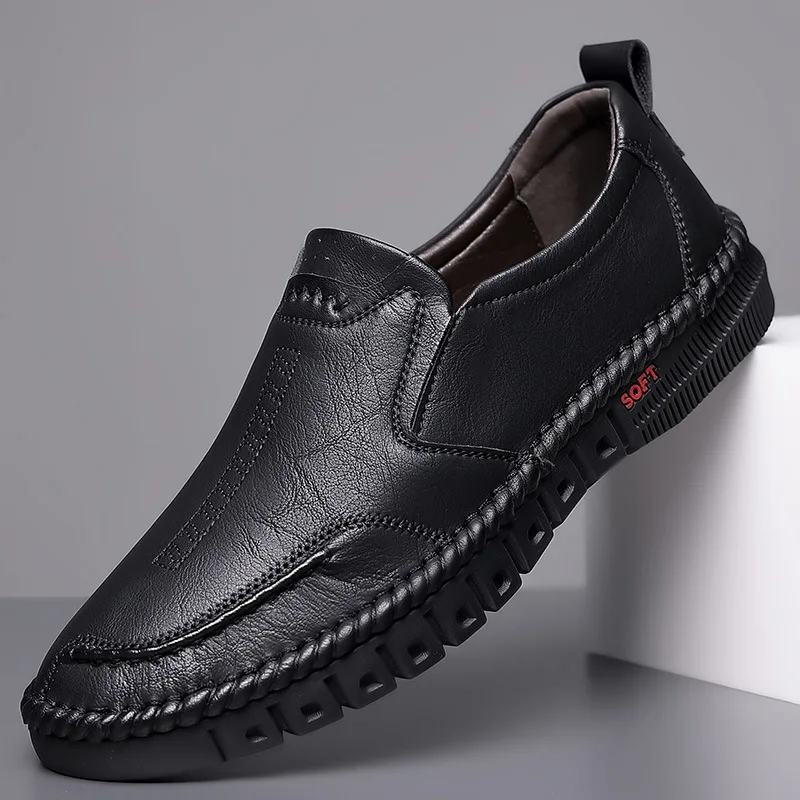 Business Leather Men Shoes Summer Slip on Loafers Breathable Men Casual Leather Soft Shoes Black Flats Driving Shoes Moccasins