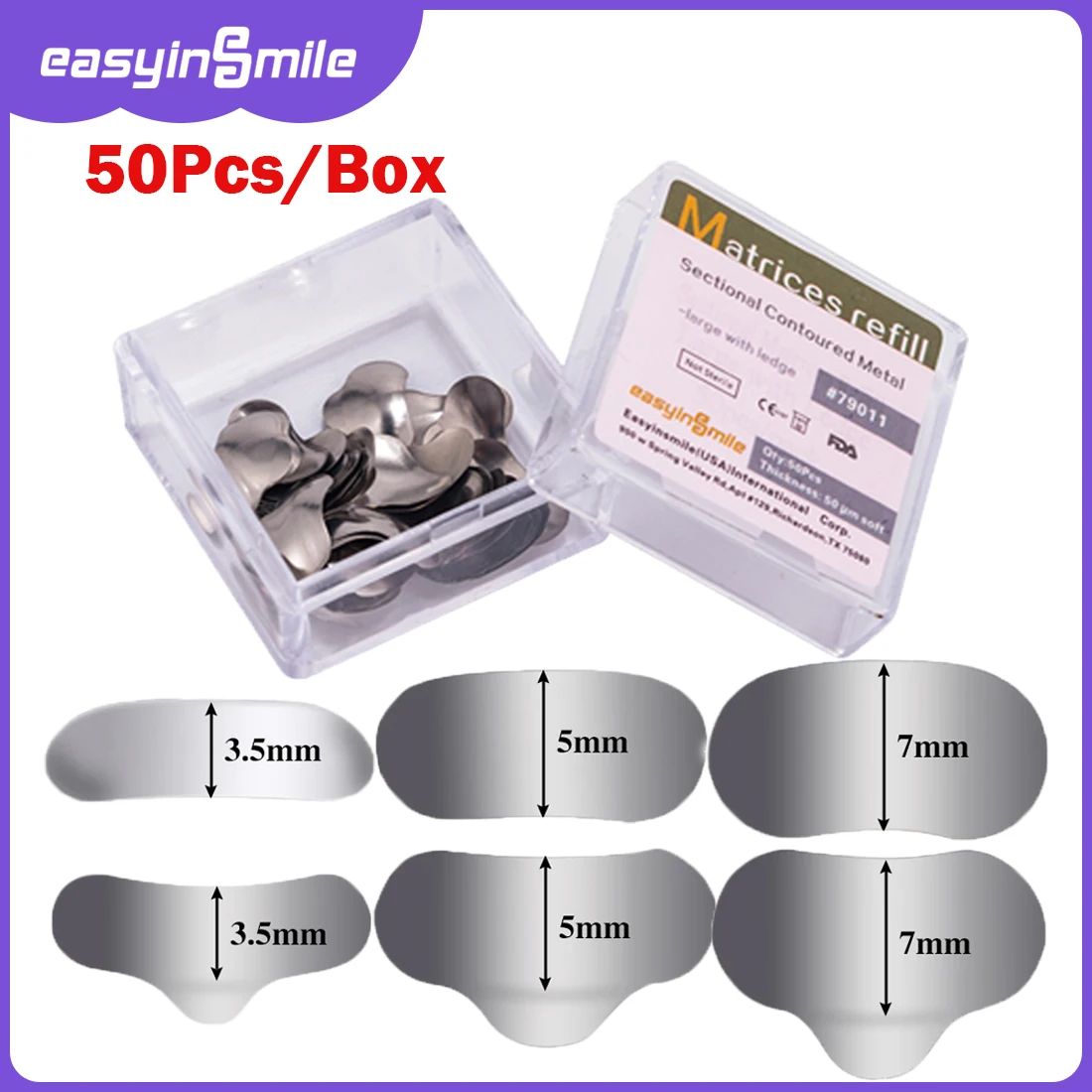 

50Pc Dental Matrix Bands Sectional Contoured Matrices strips metal S/M/L Size 50μm for Teeth Replacement Dental Lab Dentist Tool