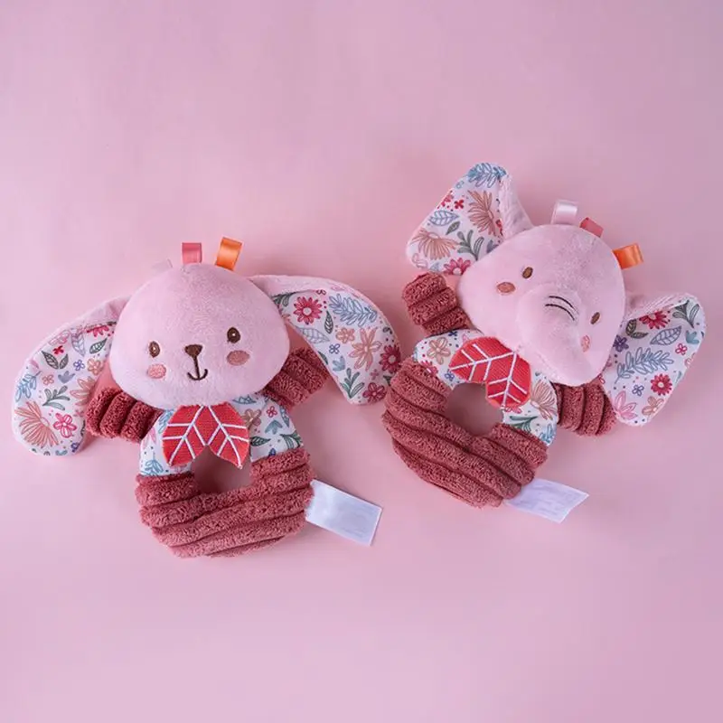 Sonajero de felpa, lindos juguetes de animales de peluche, sonajeros de elefante y conejito, sonajero de anillo suave, juguetes sensoriales, sonajero de felpa, agitador, relleno rosa