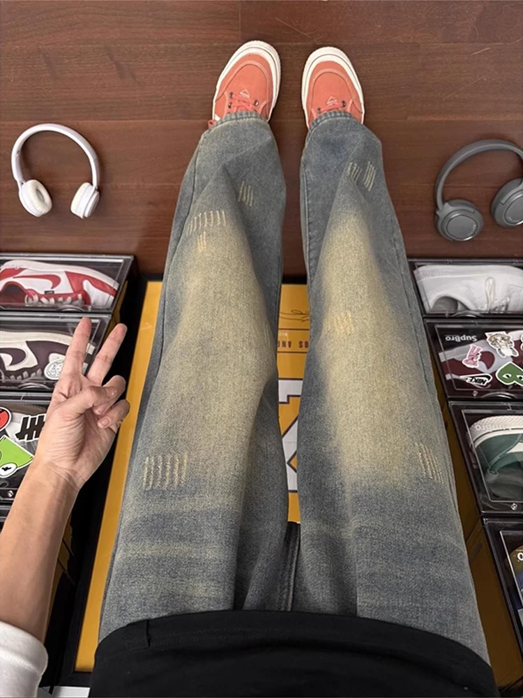 

Retro American Waed Denim Jeans Men's Autumn Winter Thiened Fce Loose Straight Leg Wide Leg Pants Trendy Brand