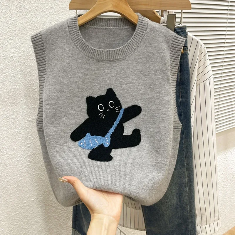 Sweater Vest Women Casual Cartoon O-neck Sleeveless Pullover spring Autumn Knitted Sweater Short Outerwear Tank Top