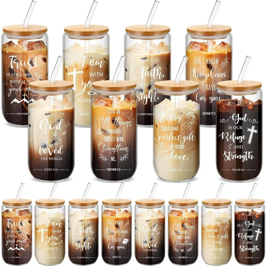 16 Sets Christian Glass Cups with Lids and Straws Brushes 16 oz Iced Coffee Cups for Women Men Coworkers Inspirational Reusable