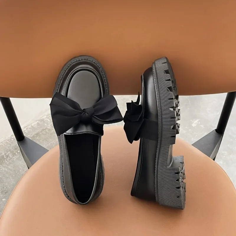 2024 Autumn New Bow Women's Flat Shoes Leather Ladies Shoes Thick Heel Fashion Non-slip Woman Comfortable Work Shoes Zapatos