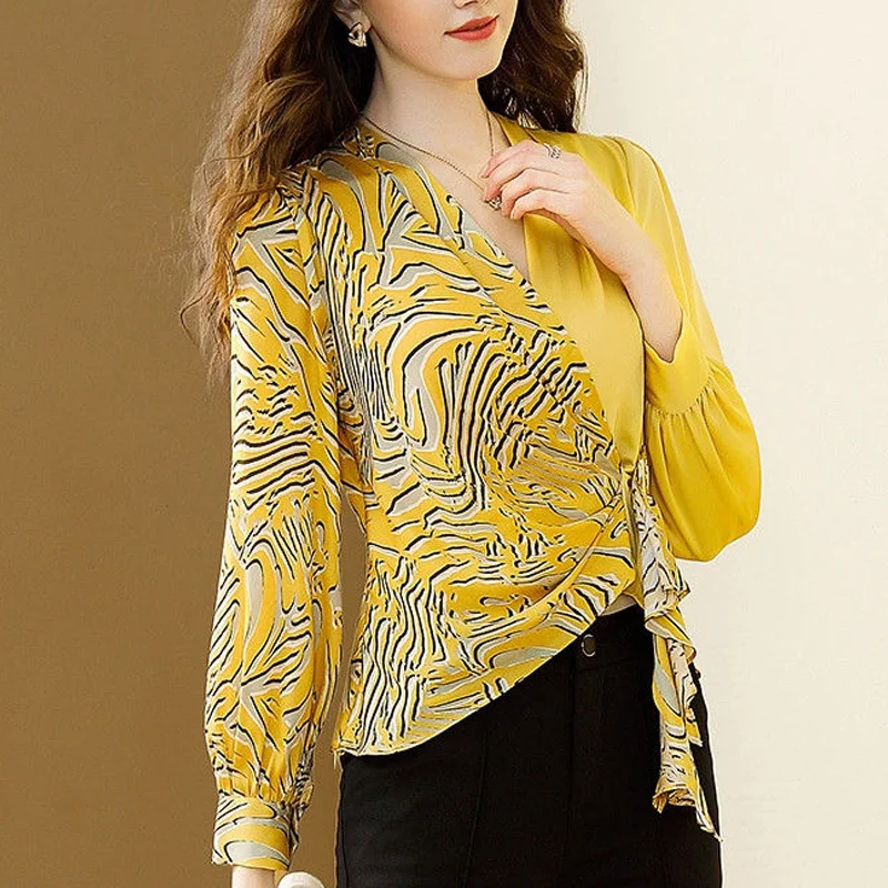 Spring Autumn New Long Sleeve Fashion Printing Blouse Women Casual Chic Pleated Asymmetrical Pullovers Elegant All-match Tops