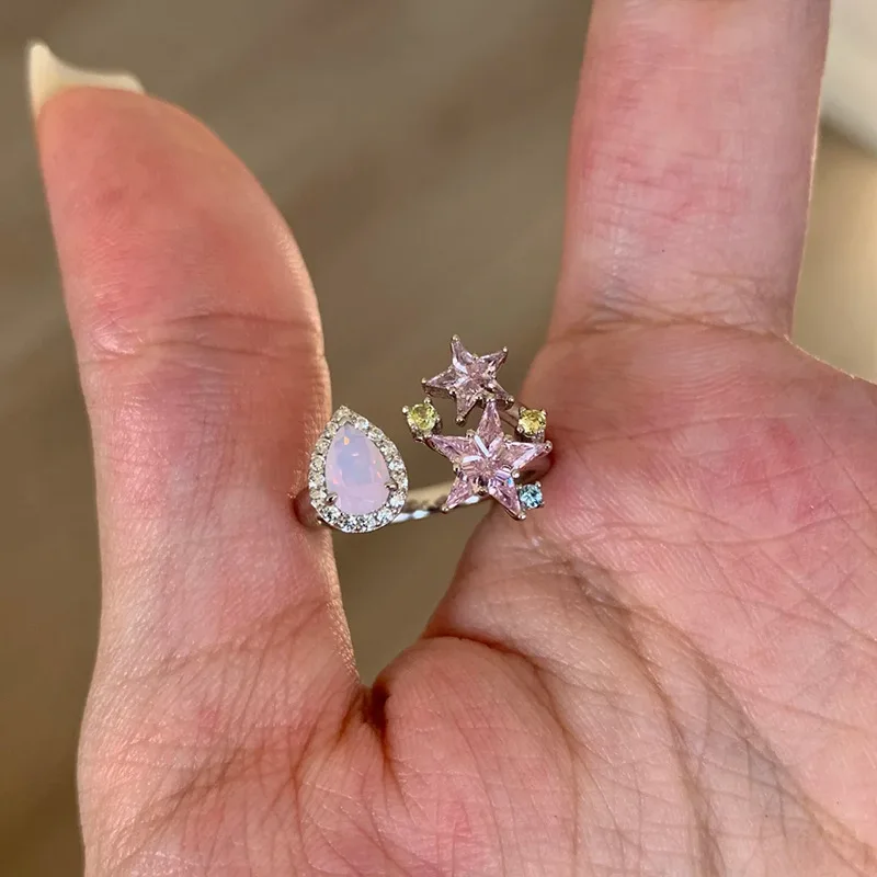 Romantic and fashion style inlaid water droplets gemstones pink diamonds stars rings exquisite sweet ring wedding jewelry