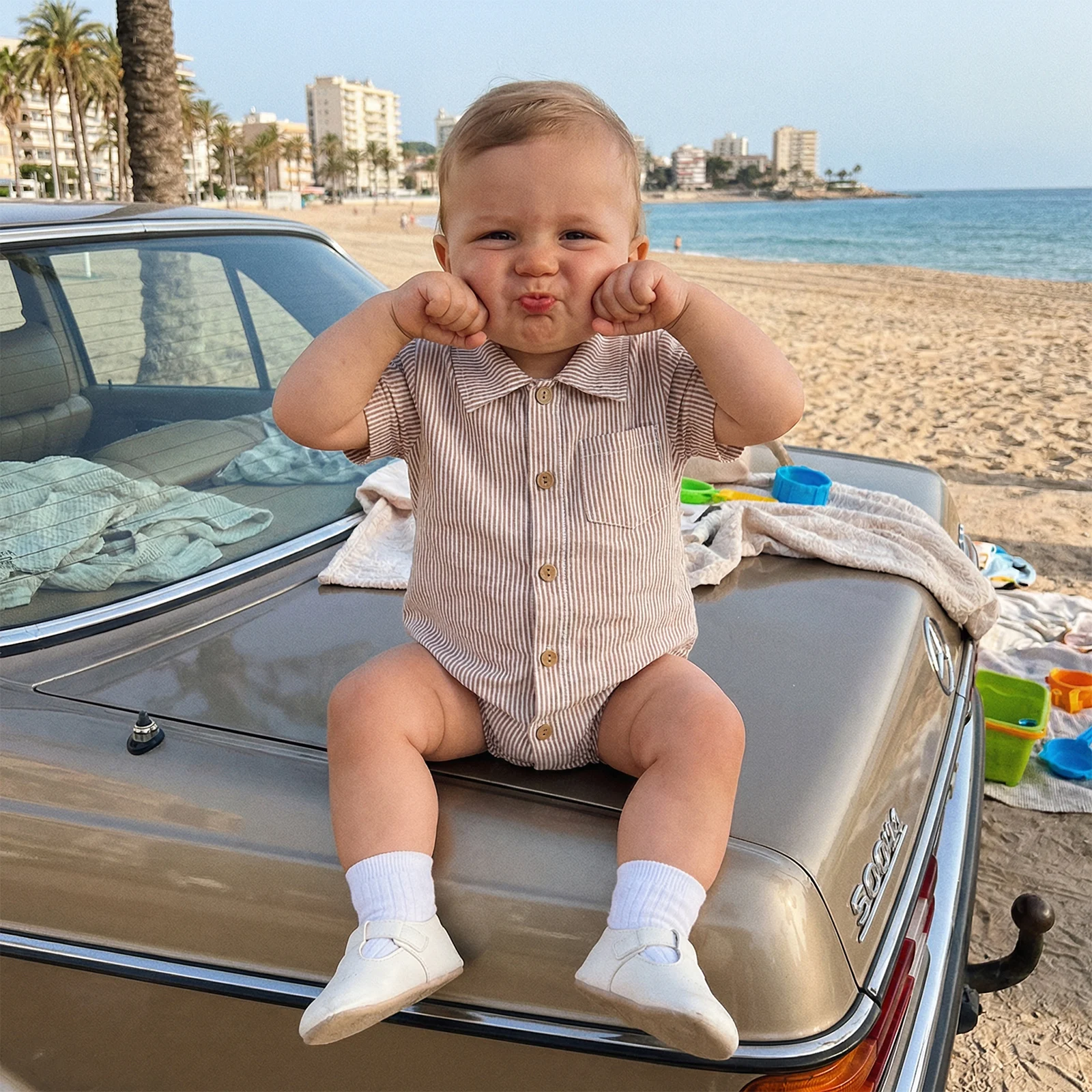 Baby Boys Summer Shirt Jumpsuit Stripe Print Short Sleeve Lapel Button Down Romper with Pocket