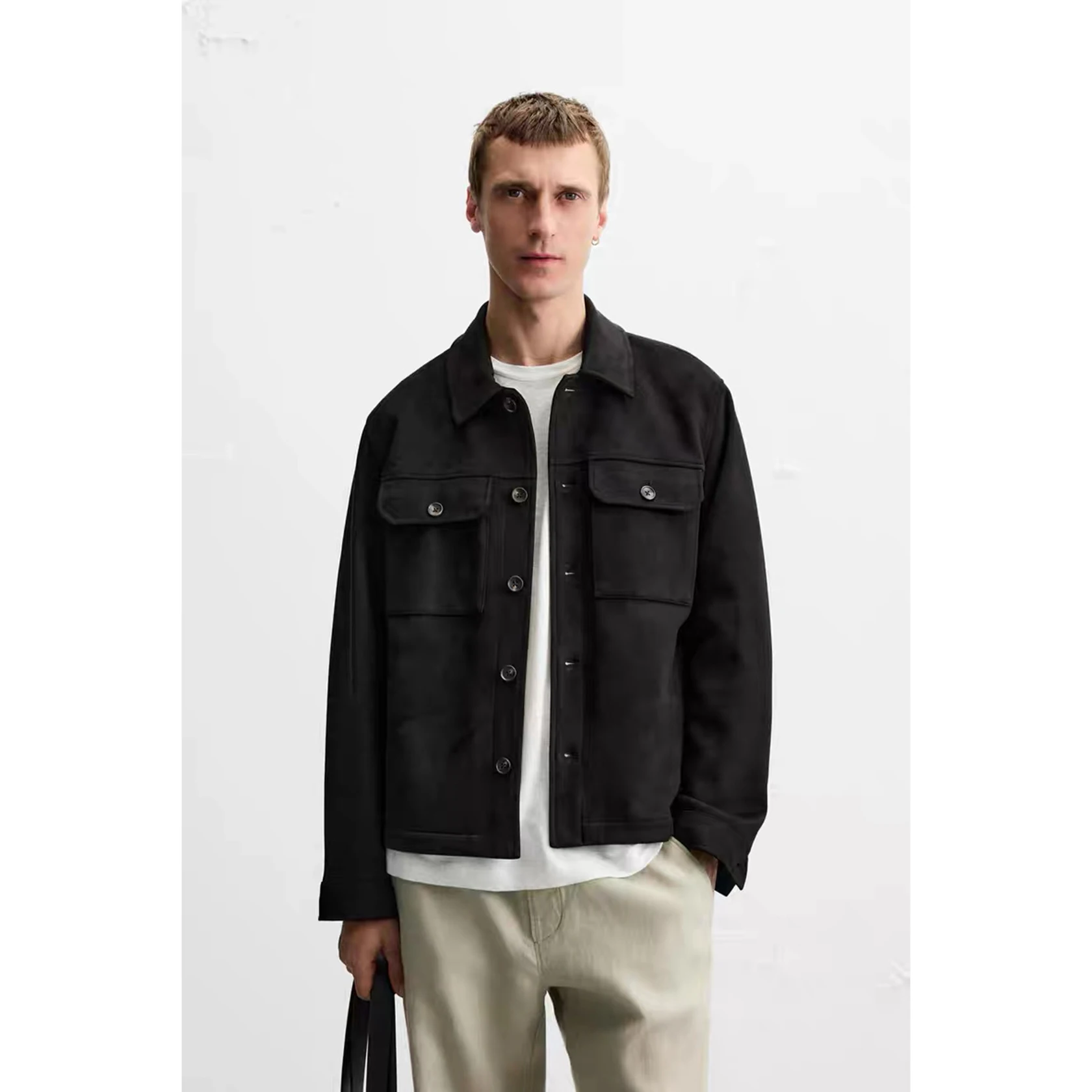 

New Arrival Autumn Men's Casual Velvet Feel irt Jaet Stand Fit Long Sve Flip Collar Regular Length Youth Faion