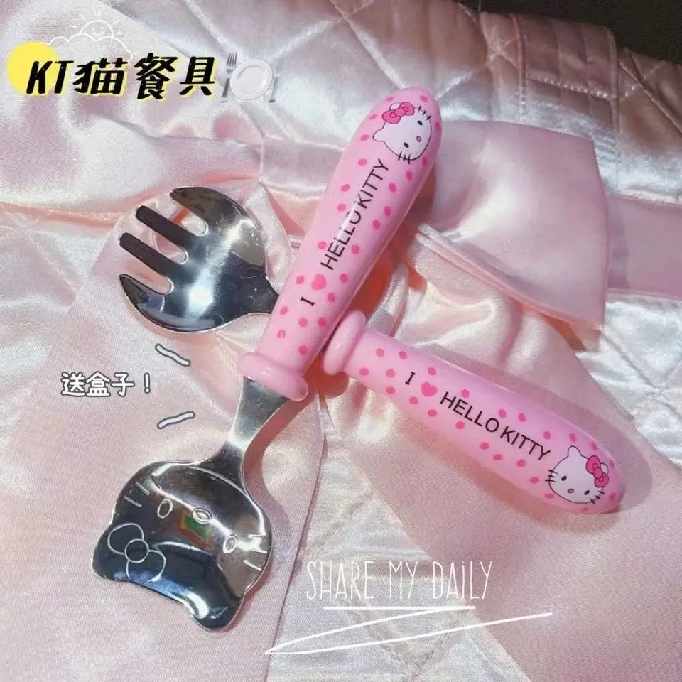 Kawaii Sanrio Spoon Fork Hello Kittys Cute Beauty Tableware Set Portable Travel Box Pink Spoon Children Toys for Girls Gift