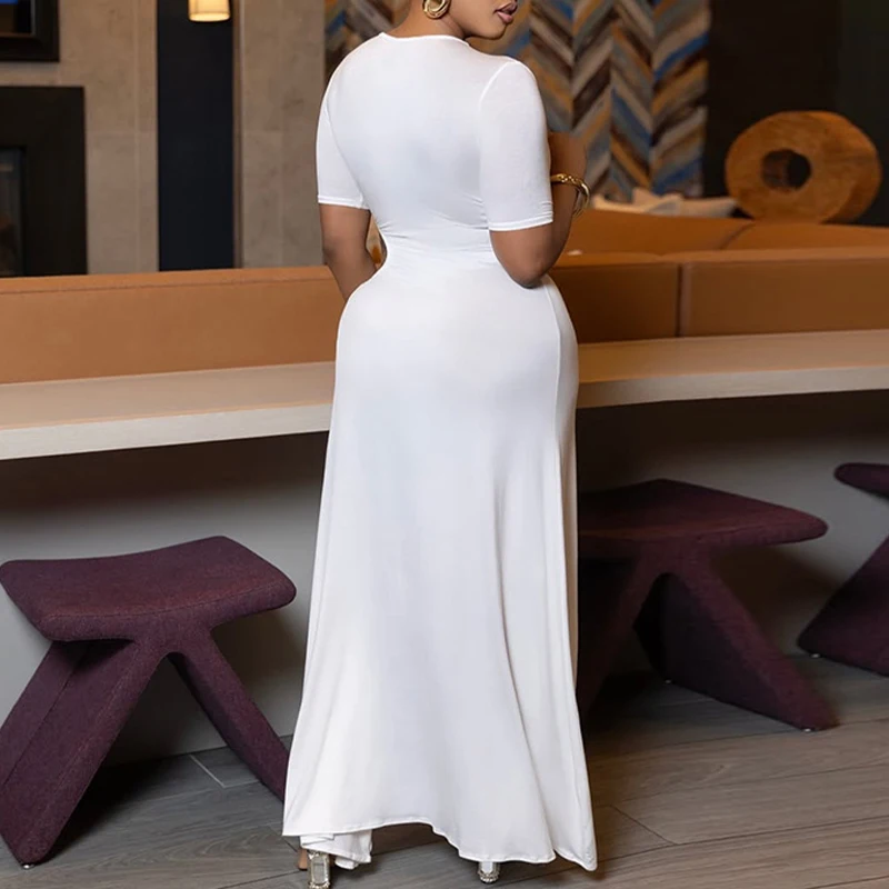 BKLD جديد مثير غير النظامية قطع قصيرة الأكمام الياقة المستديرة نحيل عالية الخصر سبليت فساتين طويلة للنساء نادي عطلة فساتين