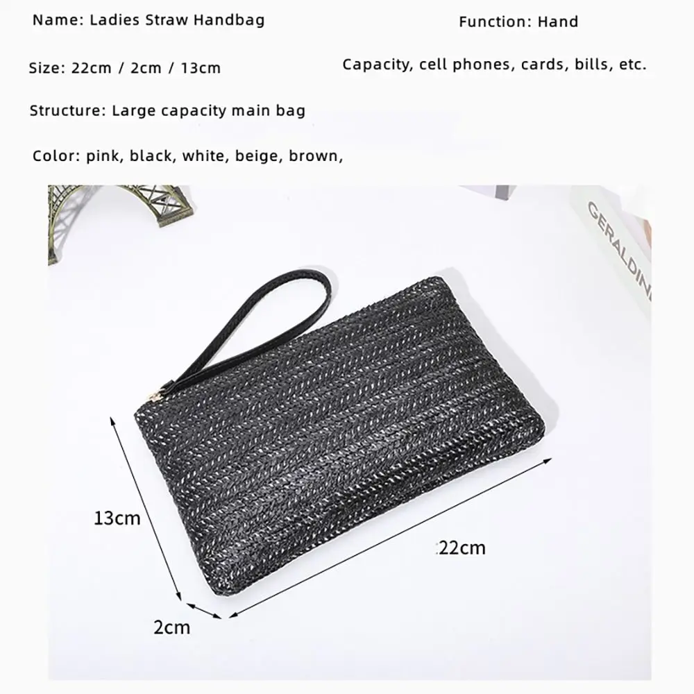 Weaving Bag Fashion Ladies Wristlet Clutch Women Daily Money Phone Clutch Solid Straw Woven Coin Purse Beach Wallet Card Holder