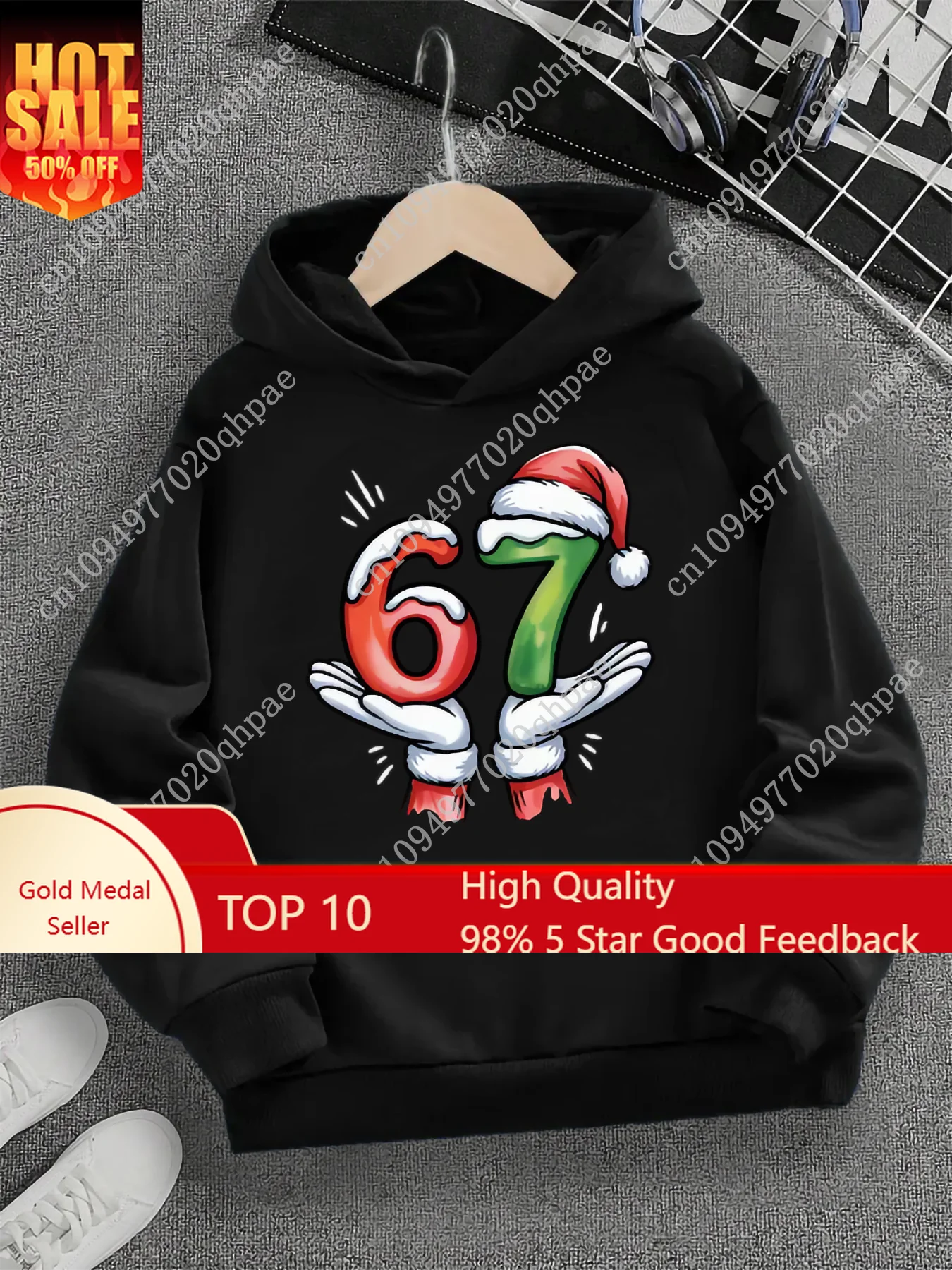 

Spring And Autumn Single Casual Fashion Christmas #67 Boys Black Hoodie, Six Seven Cartoon Print Pattern,Suitable For Daily Wear