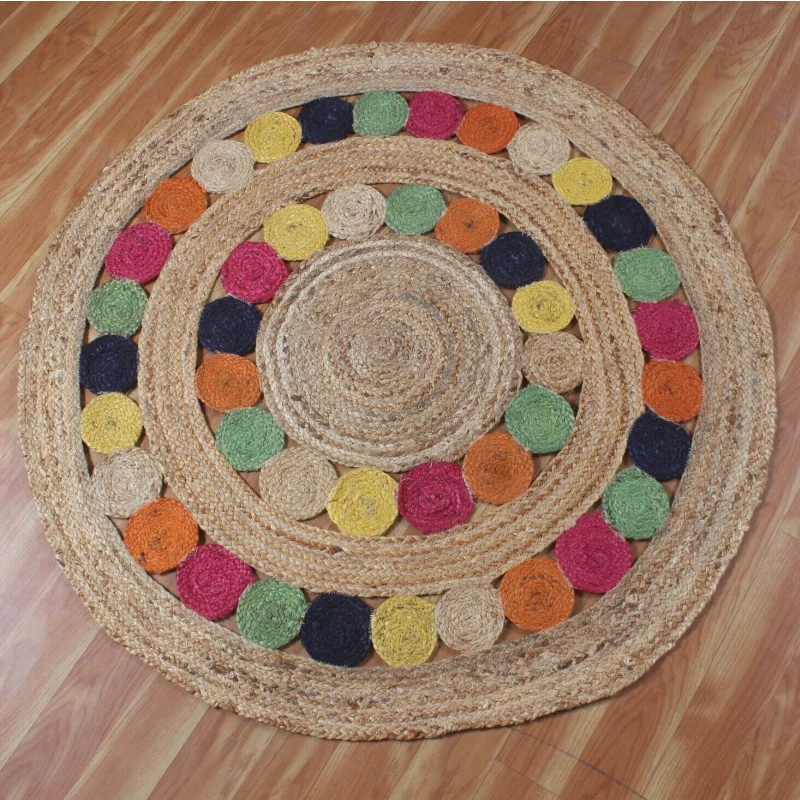 Jute Rug Multicolor Round Mat Hand Braided Carpet Outdoor Natural Living Room Decoration Country Style Area Hollow Carpet