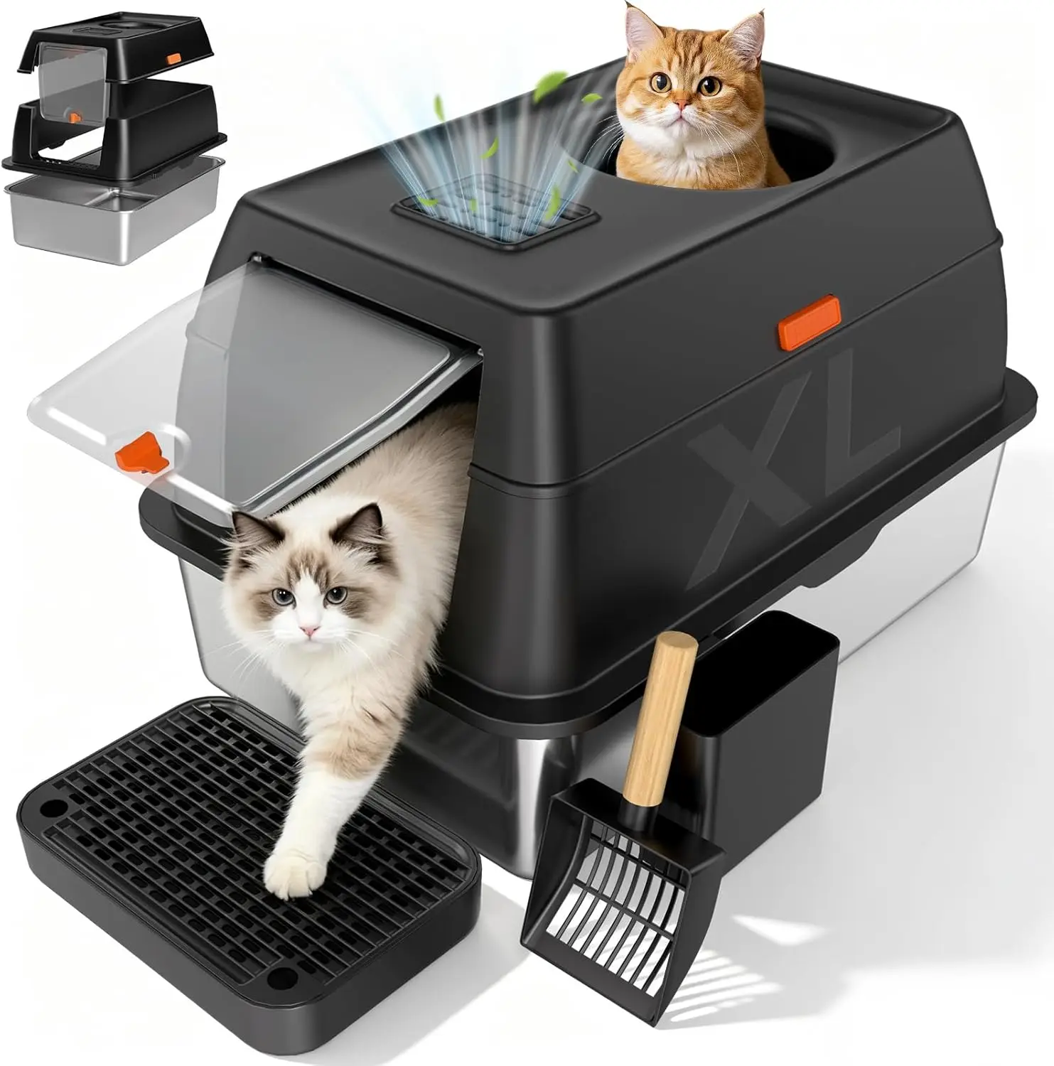 Jumbo Stainless Steel Cat Litter Box with Lid, High Sided Enclosed, Dog Proof, Odor Control, Includes Scoop & Step, Black