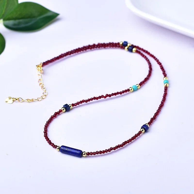 

Natural 2MM Faceted Garnet +Lapis Lazuli Mix Gemsotne Beads Nelace 40+5cm
