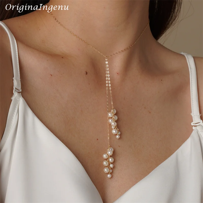 Prawdziwe 14K złoto wypełnione Y naszyjnik naturalny naszyjnik z pereł złoty naszyjnik typu Choker Handmade wisiorki Collier Femme Kolye Collares biżuteria Boho — zdjęcie 3