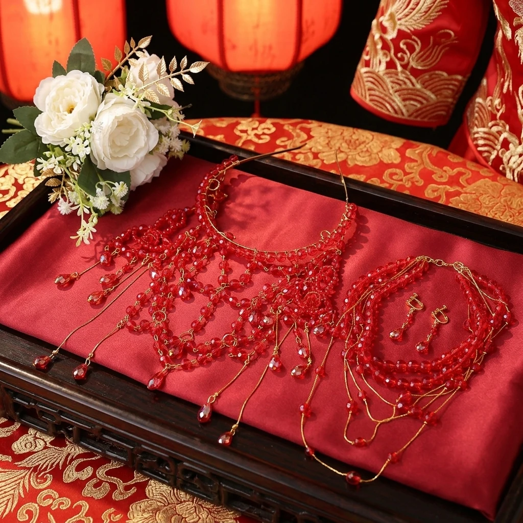 Bridal Toasting Jewelry Set With Headpiece Multi-Layer Tassels Hair Chain Headband Earrings For Wedding Banquet