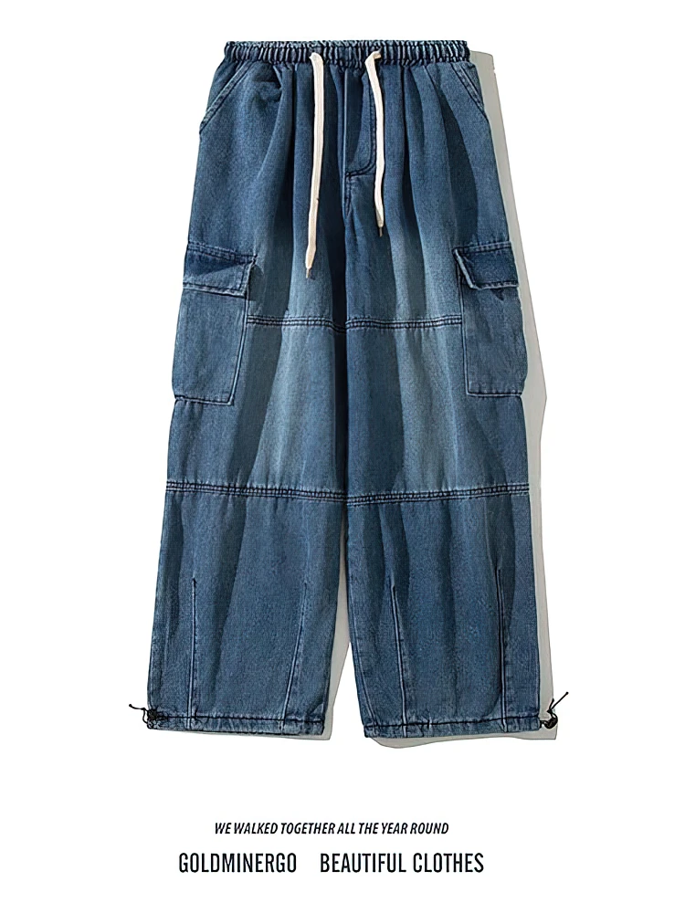 

Japanese Vintage Baggy Pants Men Big Pocket Cargo Jeans Trousers New Rock Cowboy Joggers Pants Wide leg