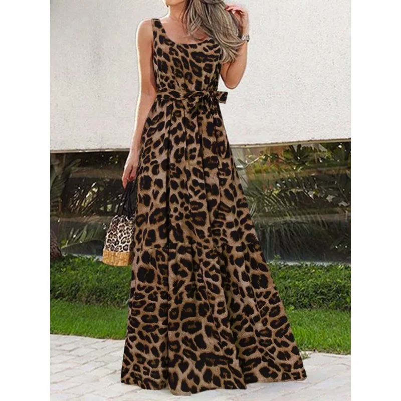 

2024 Fashion Sleeveless Leopard Print Maxi Dress Sexy Party Front Room Casual Loose Swing Beach Sundress