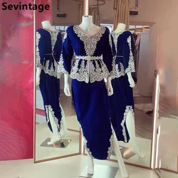 Royal Blue 2025 Velvet Algerian Evening Dresses Three Quarter Lace Applique Saudi Arabic Formal Woman Ankle Length Party Dress