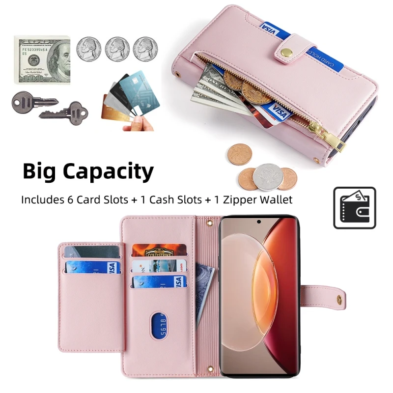 

Zipper Wallet Multi Card Flip Cover For VIVO S16 S15 V25 X90 X80 Lite Y55 Y77 Y16 Y02s IQOO Z6X Removable Hand Strap Phone Case