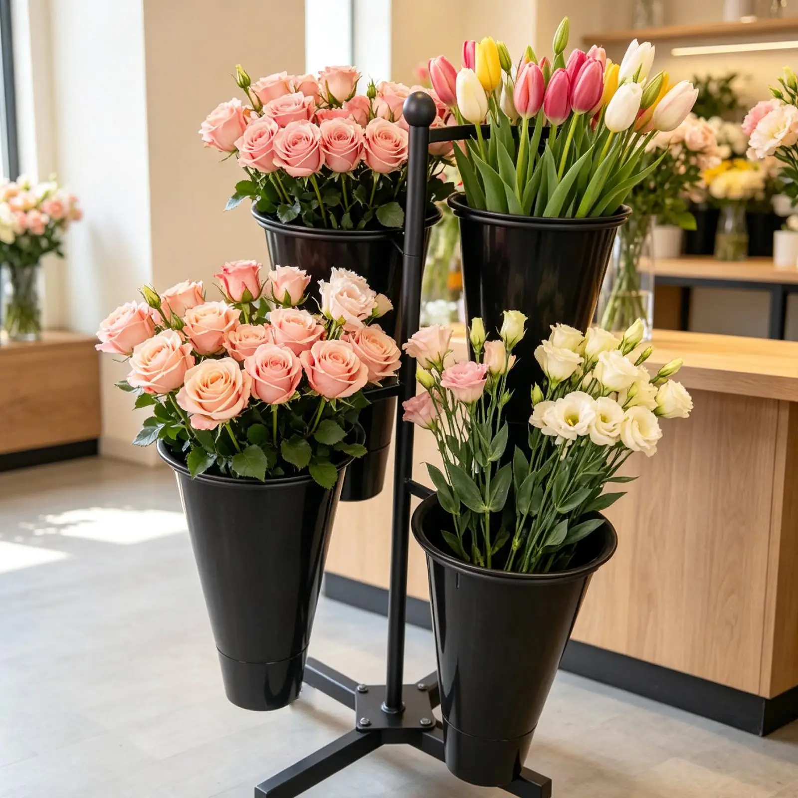 Flower Shelf Iron Display Stand with Buckets for Event Venue Contemporary Home Multi Tiered Flower Rack