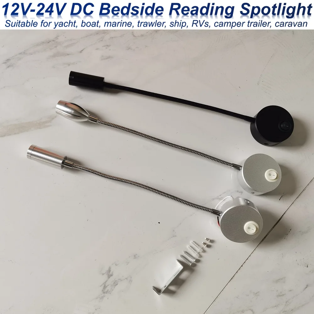 

12V-24V DC LED Flexible Reading Spotlight 3W Aluminum Bedside Wall Lamp for RV Caravan Motorhome Boat Yacht Ship Warm Switch