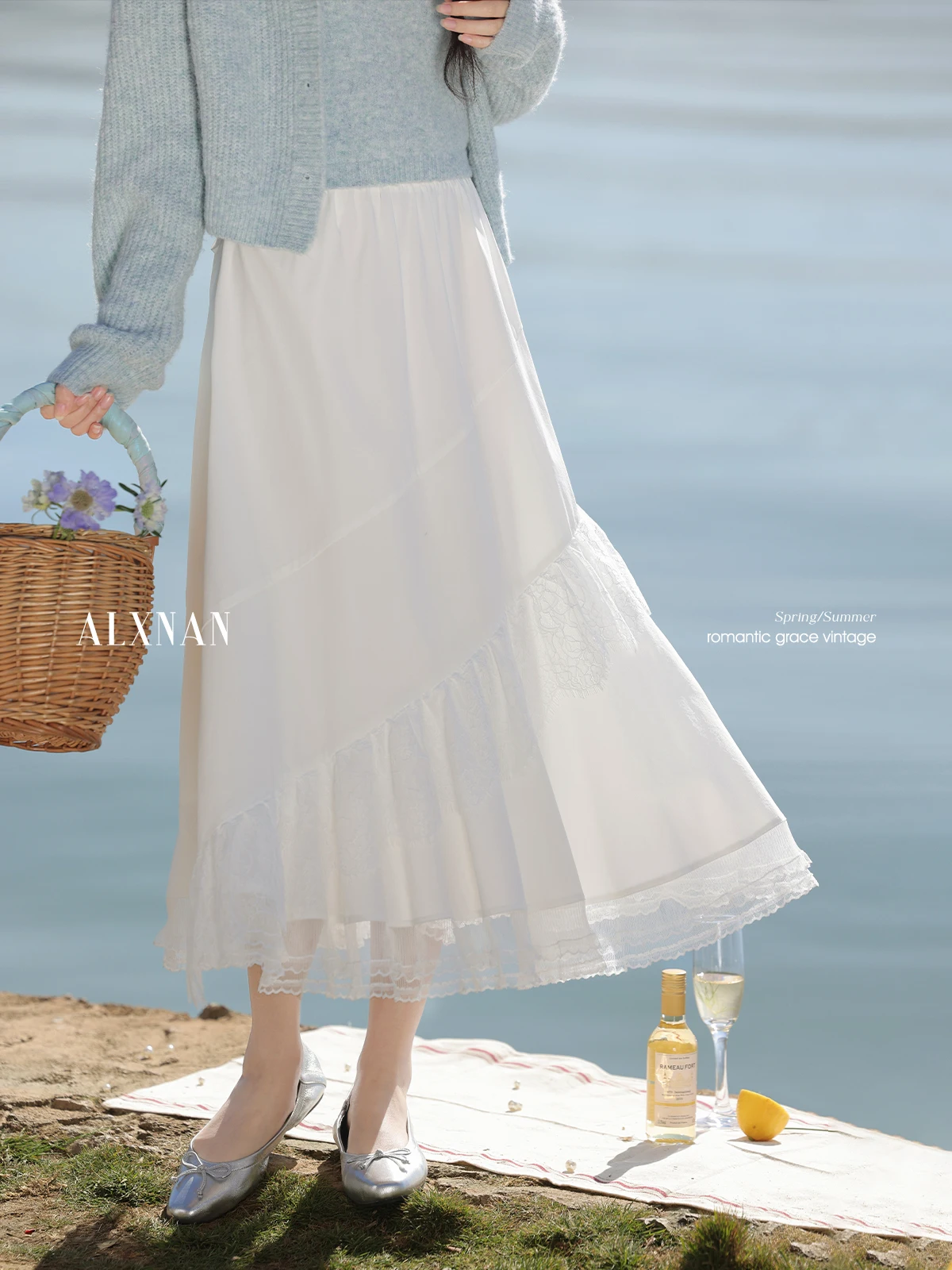 ALXNAN Off White A-line Skirt Women Long Elegant Lace Patchwork Sweet Skirt 2025 Spring Versatile Slim Ladies Clothing L52886