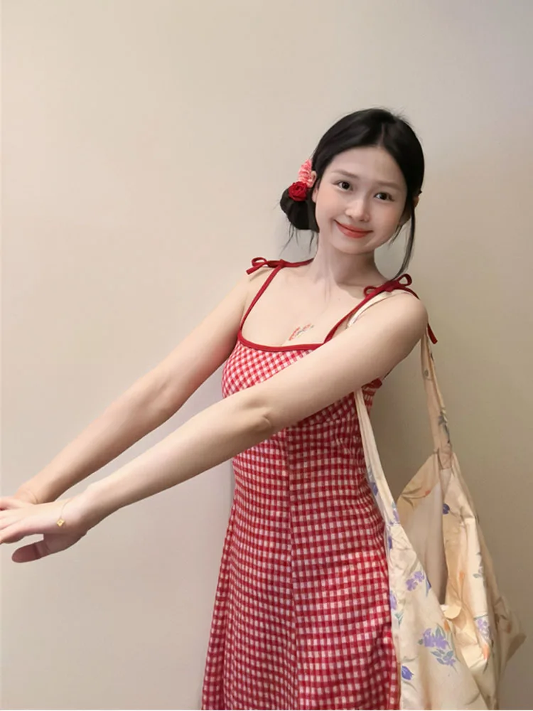 Harajuku Design Red Plaid Spaghetti Strap Dress Elegant Classical Sexy A-Line Dress Office Lady Gyaru Sundress Formal Occasion