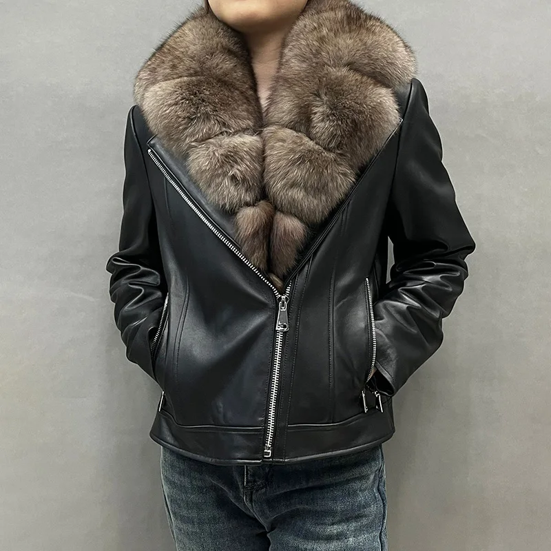 Lady Fashion Big Fox Fur Collar Leather Jacket Silver Fox Furry Autumn Spring Winter Fluffy Luxurious Sheepskin Jackets Women