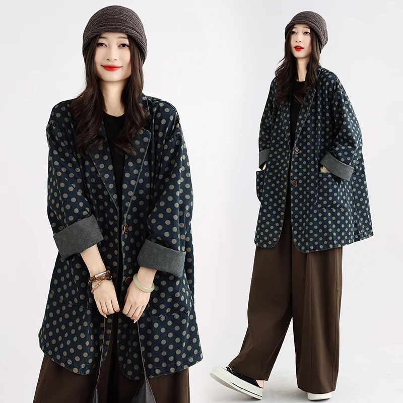 Retro Casual Loose Slimming Denim Print Long Sleeve Jacket Women's Loose Casual Suit Top Cotton 100% No Stretch Spring Autumn