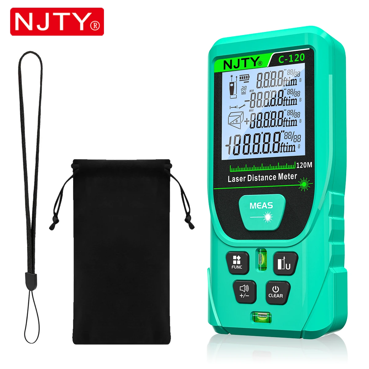 NJTY Digital Laser Range Finder 50M 120M Green Laser Meter High Precision Measuring Tools Backlit Screen IP54 Waterproof Tape