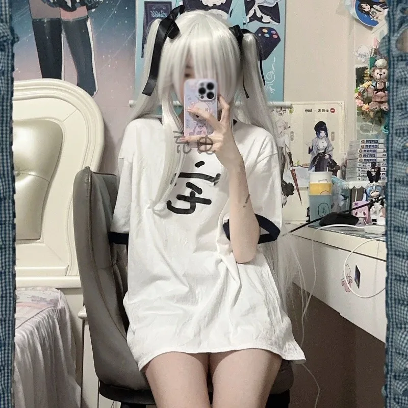

Y2k Women Camisetas Preppy Style Print Streetwear Patchwork Harajuku Tshirts Japanese Kawaii Cartoon Anime O Neck Tees Oversize