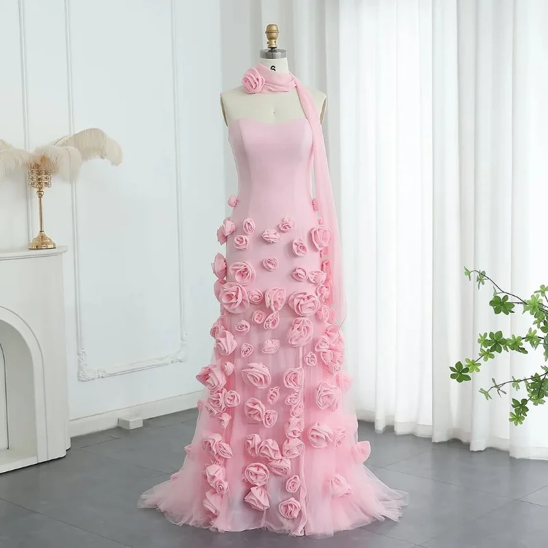 꽃과 절묘한 이브닝 드레스 Strapless 민소매 인어 파티 댄스 파티 드레스 핑크 특별 행사 드레스 맞춤형