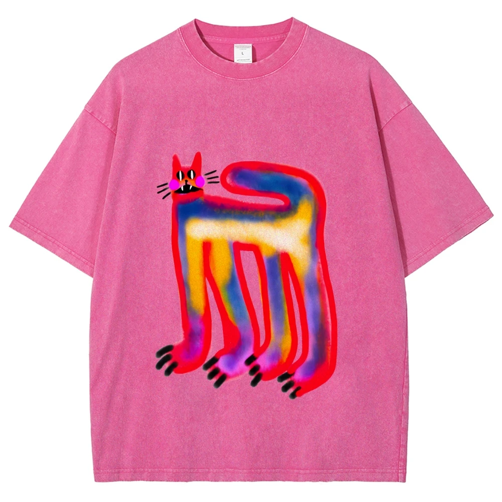 y2k Funny Cat print T-shirt Heavy weight Washed 100% Pure Cotton Retro T-shirts Pink/Purple/Khaki Fashion Women Tops Clothes