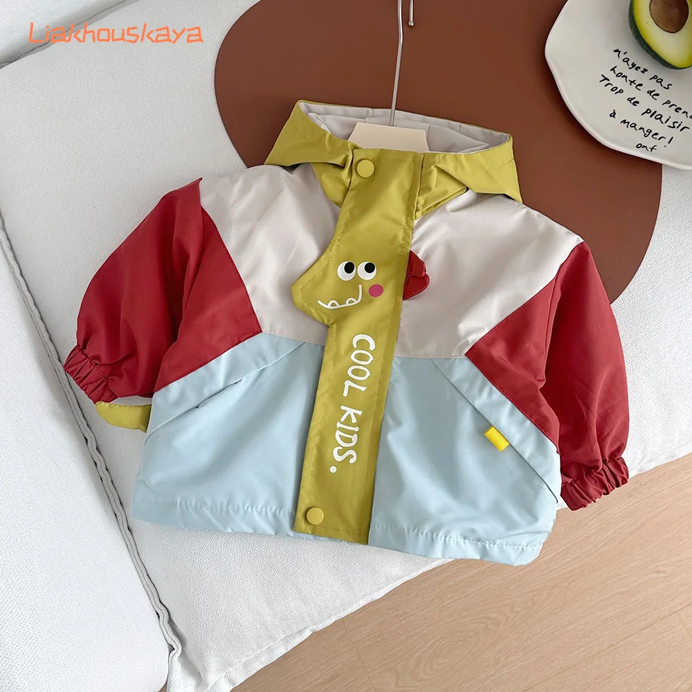 2026 New Spring Kids Dinosaur Windbreaker Jacket For Boys Korean Style Block Hooded Coat Toddler Baby Boys Long Sleeve Outerwear