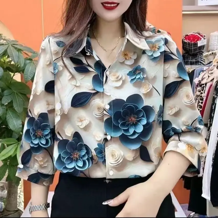 Women\'s Summer Printed New Style Temperament Seven Quarter Sleeved Shirt Loose and Slimming Fashionable and Stylish Shirt