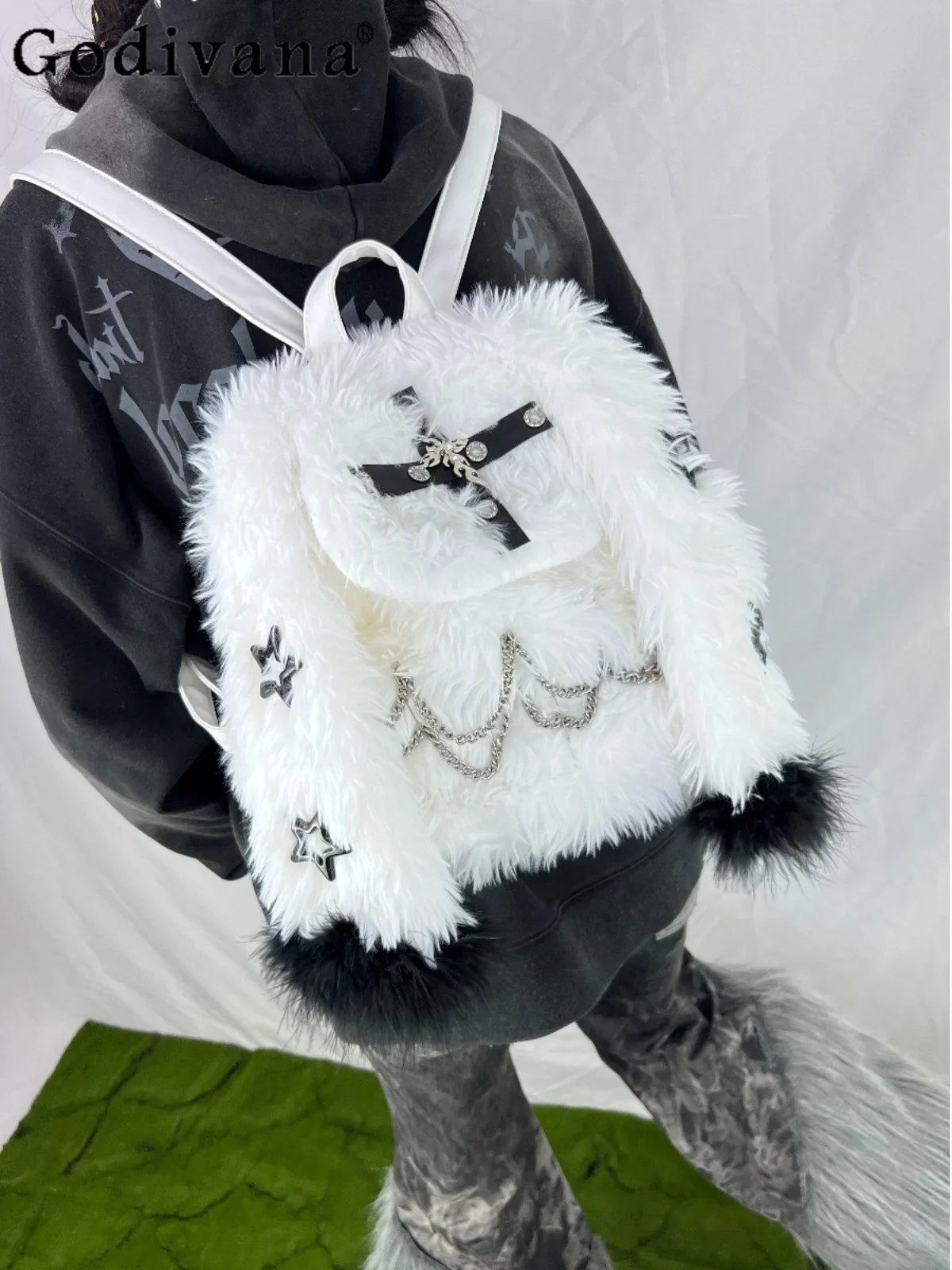 Fashion Subculture Punk Plush White Backpack Cute Rabbit Ear Chain Cross Schoolbag Commute Shoulder Women's Bag