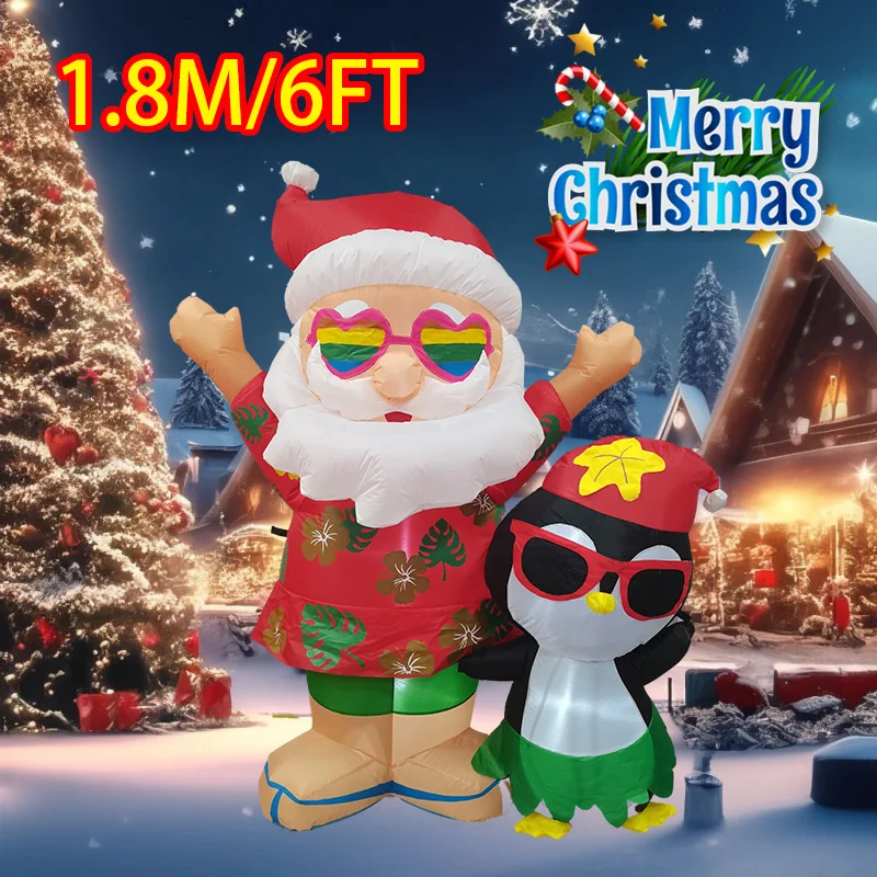 

Christmas Decorations Hawaii Santa with Penguin 1.8M/6FT Inflatable Toys Model Party Props Outdoor Xmas Holiday Decor Ornaments