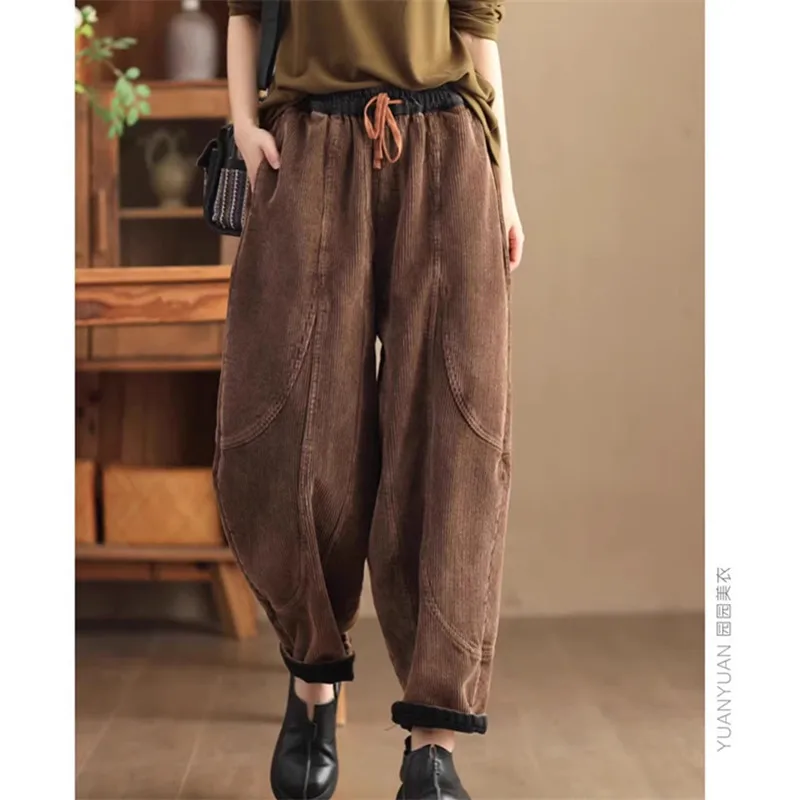 2024 Winter Fashion Corduroy Pants Women High waist Casual Loose Vintage Warm lint Lantern Harem Trousers Ladies Elegant R502