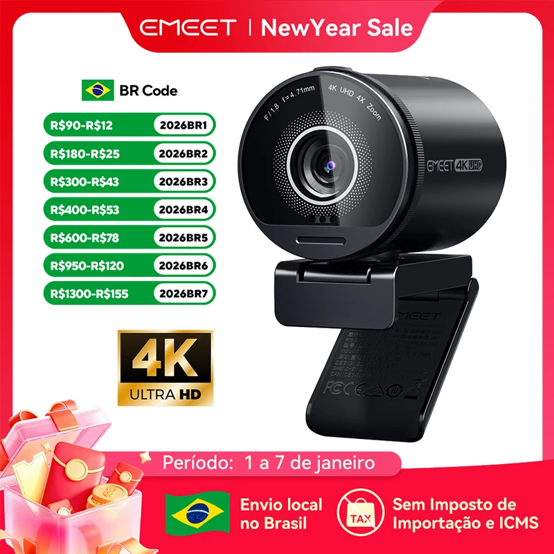 Câmera Web 4K UHD com sensor Sony e microfones duplos com cancelamento de ruído - EMEET S800: Qualidade de imagem e áudio para videochamadas e transmissões ao vivo com HDR Câmera USB para streaming