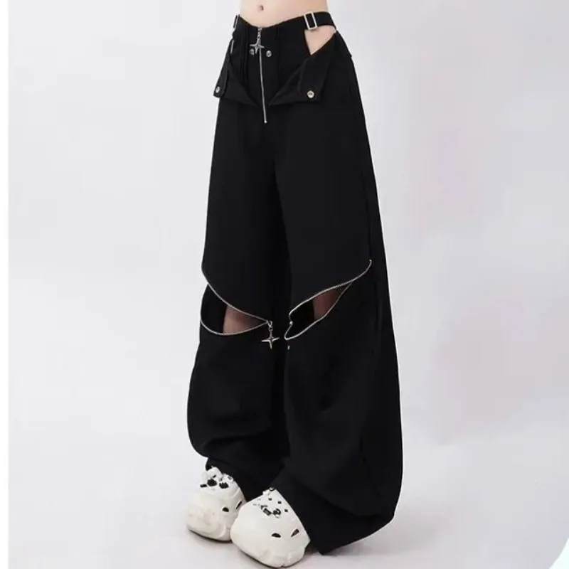 Black Gothic Cargo Sweatpants Women Y2k Fashion Baggy Zipper Hollow Out High Waist Wide Leg Sport Pants Hip Hop Causal Trousers