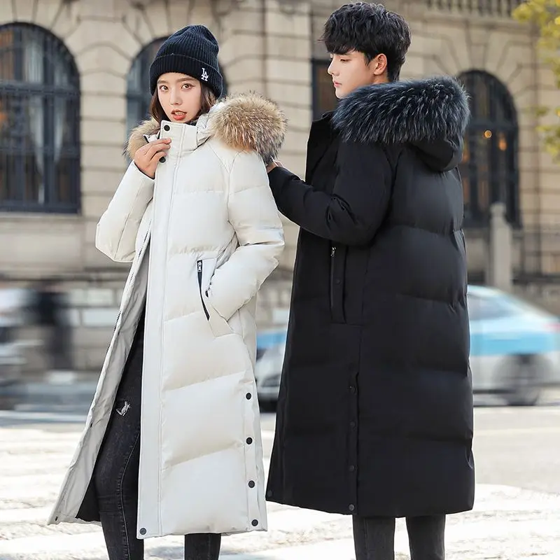 Couple Jacket Winter Thickened Over Knee Long Down Jacket Men's Loose Hooded Cold-proof Warm Large Size Student Coats Women