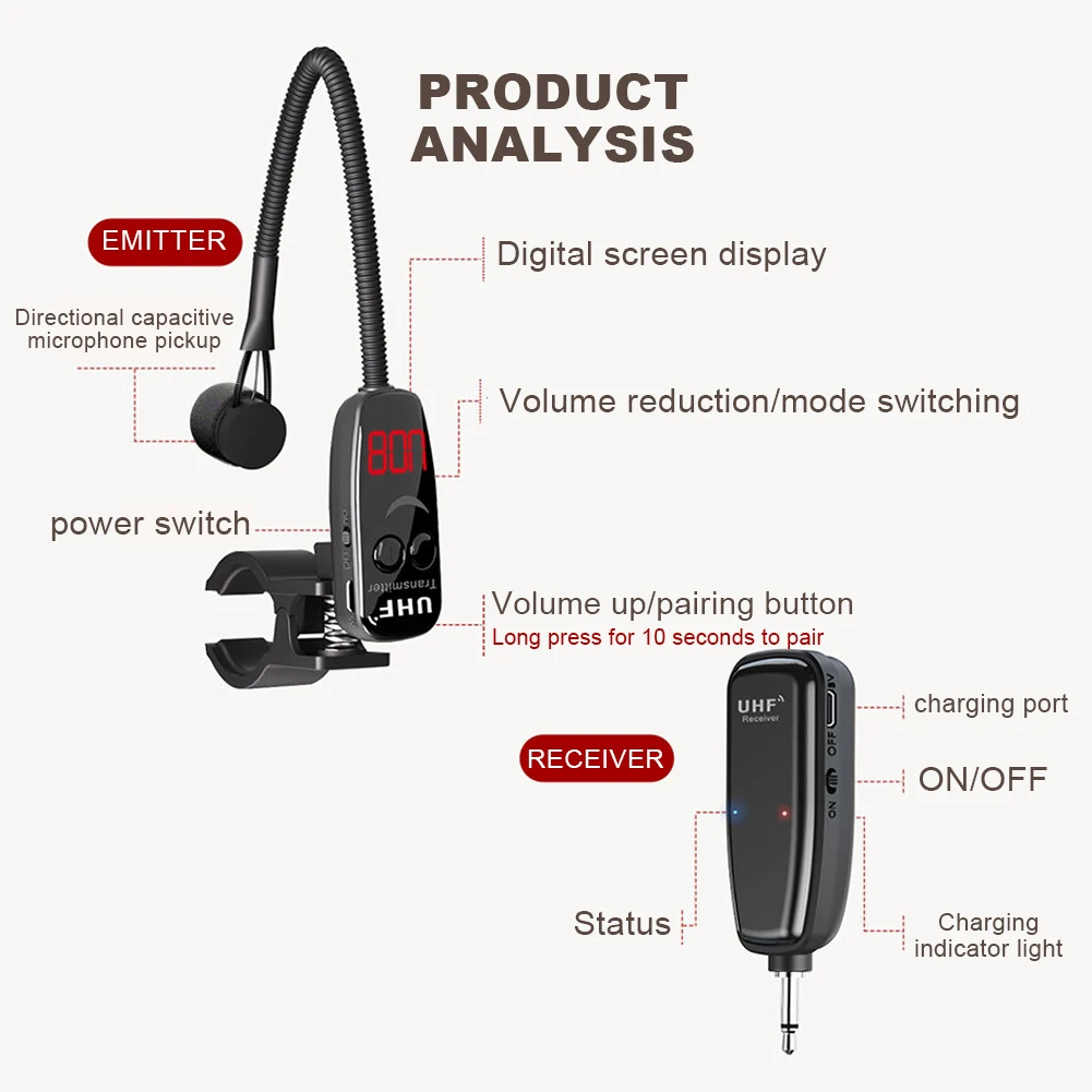 Microfono per strumenti wireless UHF Ricevitore e trasmettitore wireless Microfono per strumenti musicali per flauto clarinetto